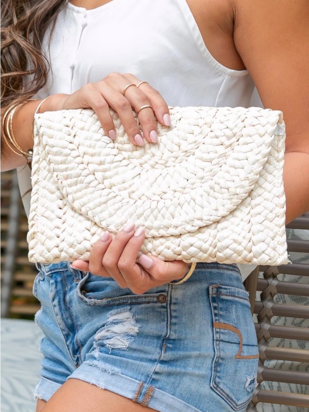 Woven Envelope Clutch - white